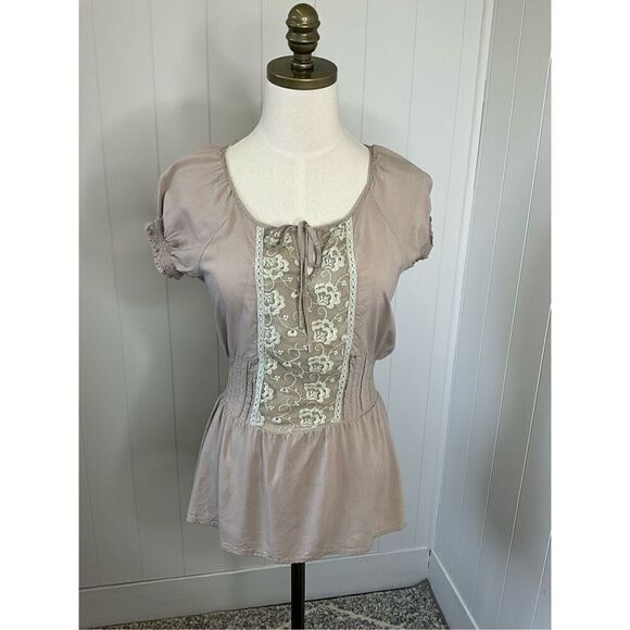 Annabelle Womens Size Medium Peplum Top Beige Embroidered Tie Neck Boho - Picture 1 of 14